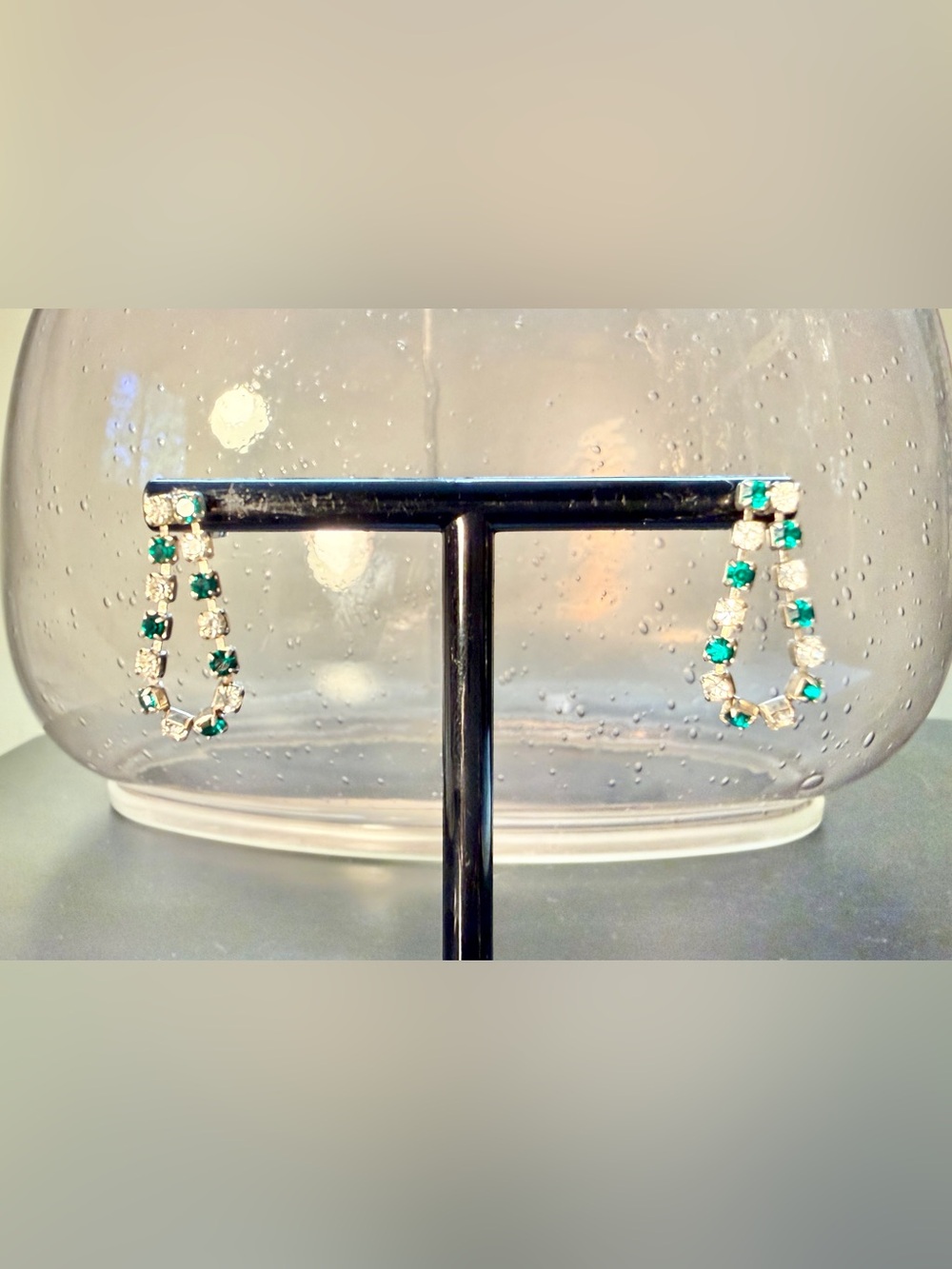 Vintage 1950s Silver Tone Green/White Silver Rhinestone Dangle Earrings